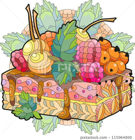 Vector piece of cake with abstract ornaments on a patterned round substrate. Vector piece of cake with abstract ornaments on a patterned round substrate. 115064800