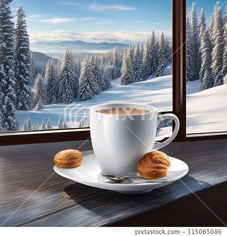 A cup of coffee and two cookies on a saucer on a window sill A cup of coffee and two cookies on a saucer on a window sill 115065086