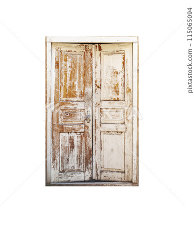 Vintage weathered wooden door with peeling paint isolated on white 115065094