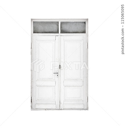 Closed outdoor white wooden door isolated on white, front view 115065095