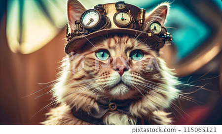 Vintage illustration of steampunk cat portrait close-up 115065121