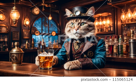 Vintage illustration of a steampunk cat at a bar behind the counter Vintage illustration of a steampunk cat at a bar behind the counter 115065124