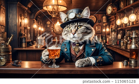 Vintage illustration of a steampunk cat at a bar behind the counter 115065128