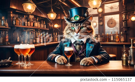 Vintage illustration of a steampunk cat at a bar behind the counter 115065137