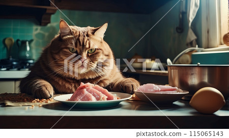 A big cat in the kitchen sits at the table and eats meat 115065143