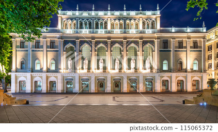 The Nizami Museum of Azerbaijani Literature in Baku, Azerbaijan, illuminated at night 115065372