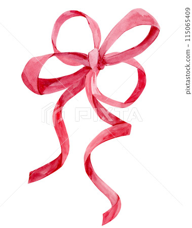 Cute bow made of silk ribbon. Watercolor illustration for a Valentine's Day greeting card. Valentine's Day, Birthday or Mother's Day. Pink satin bow for decorating a gift on transparent background. 115065409