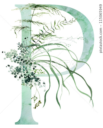 Green letter P with Watercolor whimsical tender leaves isolated illustration, wedding element 115065949