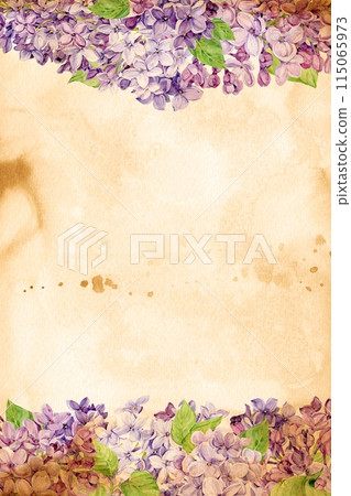 Lilacs on yellowed old vintage paper. Watercolor illustration. Leaf with glowing center and vignette in grunge style. Vertical background with spring flowers scuffs, stains and sepia stripes. 115065973