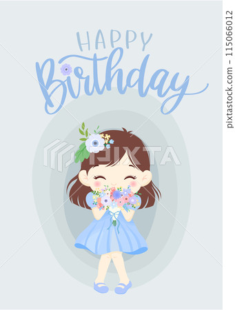 Birthday card - Cute girl wearing blue flowers and a skirt - "Happy Birthday" text included Birthday card - Cute girl wearing blue flowers and a skirt - "Happy Birthday" text included 115066012