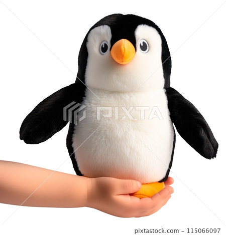 A plush penguin in the hands of a child isolated on a white or transparent background. Close-up of an orange penguin in the hands. Graphic element of a plush penguin, side view. A plush penguin in the hands of a child isolated on a white or transparent background. Close-up of an orange penguin in the hands. Graphic element of a plush penguin, side view. 115066097