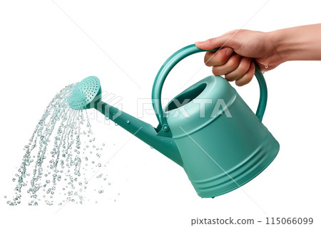 A blue plastic watering can in hand isolated on - Stock 