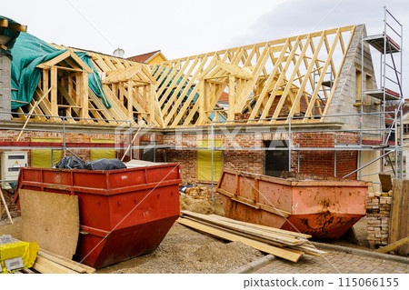 Reconstruction of an old brick house, replacement of wooden roof structures, house restoration 115066155