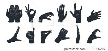 Hand gesture silhouettes set 1. Set of different hand gestures. Okay sign, rock horns, heart, holding hands. Vector illustration 115066207