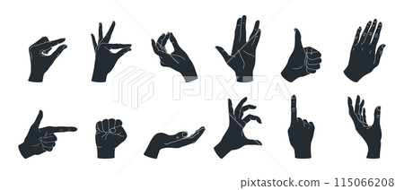 Hand gesture silhouettes set 2. Set of different hand gestures. Thumb up, pointing finger, fist; heart, cupped hand. Vector illustration 115066208