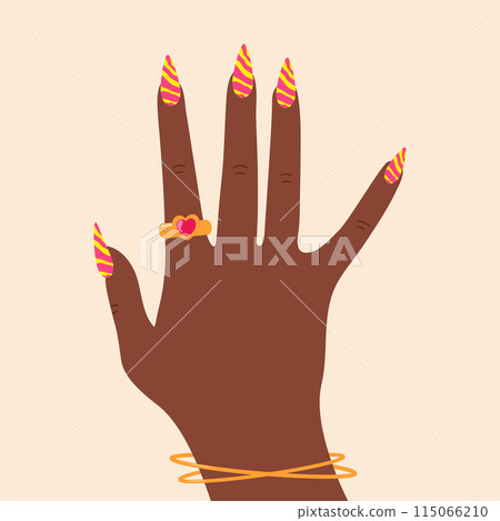 Woman hand with neon zebra pattern nail design. Bright colorful manicure design. Vector illustration 115066210