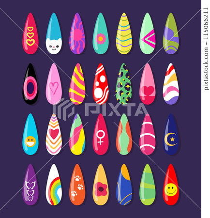Collection of nail design art. Colorful creative manicure design. Painted nails swatches. Vector illustration 115066211