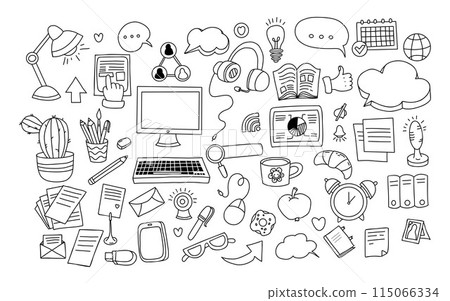 Cozy home office work. Big set vector outline doodles. Business, technology and communication, laptop with keyboard and mouse, office supplies and equipment. Isolated scribble on white background. 115066334