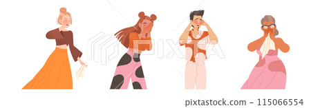 Man and Woman Character Crying, Weeping and Sobbing from Sorrow and Grief Feeling Sad and Upset Vector Illustration Set 115066554