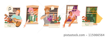 Man and Woman Character in Open Window as Neighbor Vector Illustration Set 115066564
