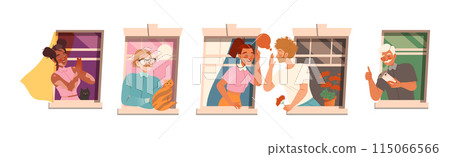 Man and Woman Character in Open Window as Neighbor Vector Illustration Set Man and Woman Character in Open Window as Neighbor Vector Illustration Set 115066566