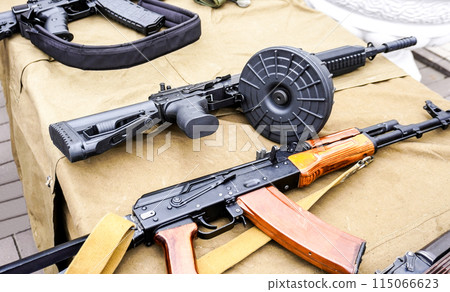 Russian Kalashnikov assault rifle with a drum magazine, AK-74 assault rifle 115066623