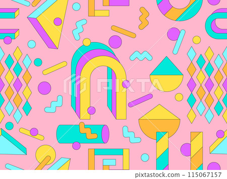 Memphis geometric seamless pattern with 3D shapes in 80s and 90s style. Colorful candy color palette. Isometric geometric 3D shapes. Design for wallpapers, banners and posters. Vector illustration Memphis geometric seamless pattern with 3D shapes in 80s and 90s style. Colorful candy color palette. Isometric geometric 3D shapes. Design for wallpapers, banners and posters. Vector illustration 115067157