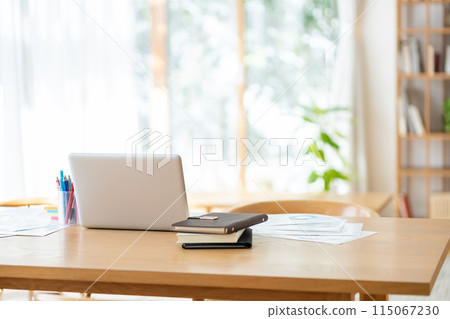 Empty work space, computer in study, computer in living room 115067230