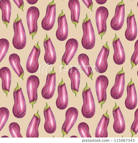 Eggplants watercolor seamless pattern on a beige background. Can be used for kitchen textile prints, product packaging design. Eggplants watercolor seamless pattern on a beige background. Can be used for kitchen textile prints, product packaging design. 115067343