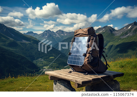 Solar-Powered Backpack on Mountain Hike Solar-Powered Backpack on Mountain Hike 115067374