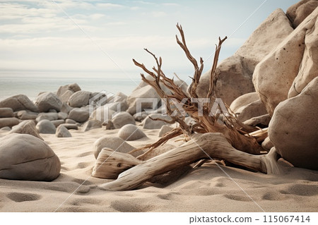 Weathered Driftwood and Rocks on Sandy Beach 115067414