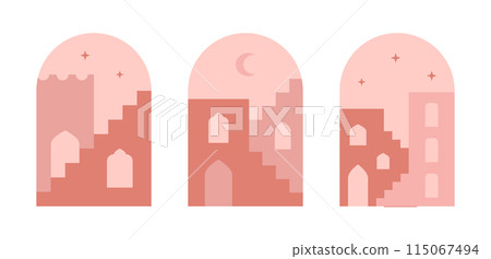 Abstract modern oriental city, stairs. Minimalist moroccan, eastern window, door, gateway shapes for card, poster. Contemporary aesthetic illustration with geometric elemets. 115067494