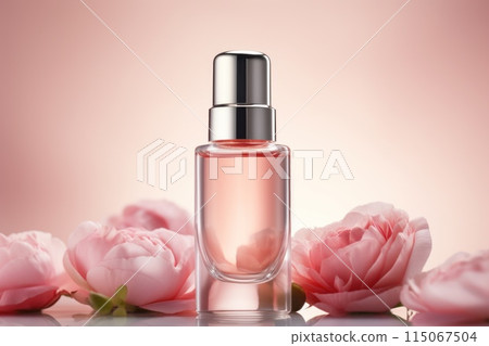 Perfume Bottle with Pink Roses on Reflective Surface 115067504