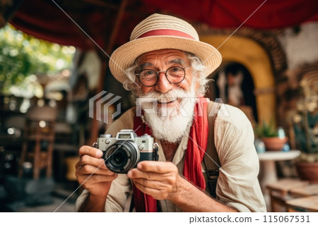 Joyful Senior Man with Camera and Hat Joyful Senior Man with Camera and Hat 115067531