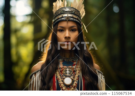 Indigenous Woman with Feathered Headdress in Forest 115067534