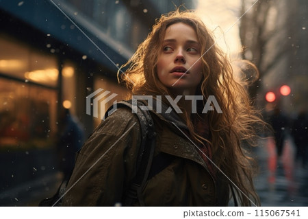 Young Woman Walking on City Street in Winter 115067541