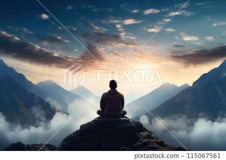 Man Meditating on Mountain at Sunrise 115067561