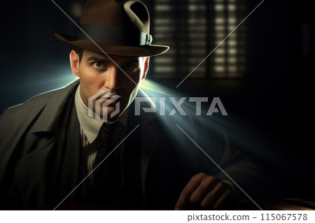 Mysterious Man in Vintage Suit and Fedora Hat 115067578