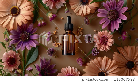 Bottle of Essential Oil Surrounded by Flowers 115067588