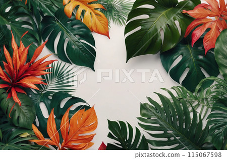 Hello Summer concept design, abstract illustration with jungle exotic leaves, colorful design, summer background and banner. Generated AI 115067598