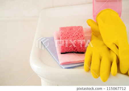 Rubber gloves and sponges for cleaning house. Rubber gloves and sponges for cleaning house. 115067712