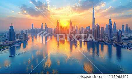 Beautiful cityscape with sunset and skyscrapers Beautiful cityscape with sunset and skyscrapers 115068352