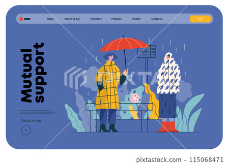 Mutual Support: Offer an umbrella to a stranger -modern flat vector concept illustration of a at a bus stop in the rain offering an umbrella A metaphor of voluntary, collaborative exchanges 115068471