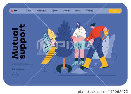 Mutual Support: Community yard improvement -modern flat vector concept illustration of people planting trees and plants A metaphor of voluntary, collaborative exchanges of resource, services 115068472