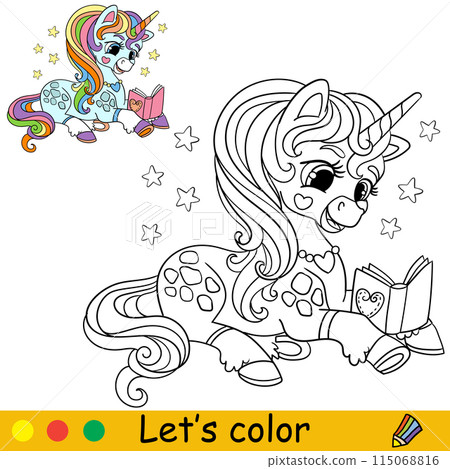 Kids coloring with color template cute unicorn with book vector Kids coloring with color template cute unicorn with book vector 115068816