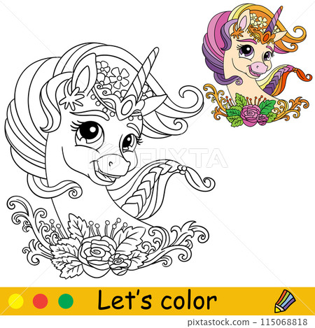 Coloring with color template dreaming unicorn head vector Coloring with color template dreaming unicorn head vector 115068818