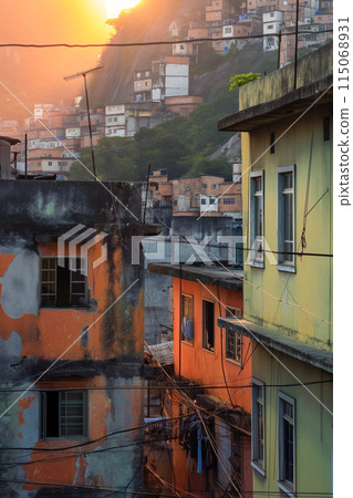 A view of a city with a yellow building in the foreground 115068931