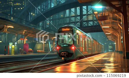 Rainy night station: train in silence 115069219