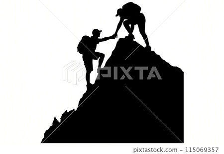 Helping friend reach the mountain top silhouette, Silhouette team helping, Teamwork, together, success, victory, goal, achievement, Helping friend silhouette,Vector illustration concept 115069357