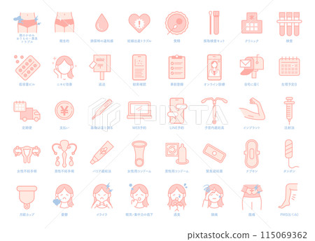 A set of icon illustrations related to menstruation, PMS, pill prescriptions, contraception, and online medical care 115069362